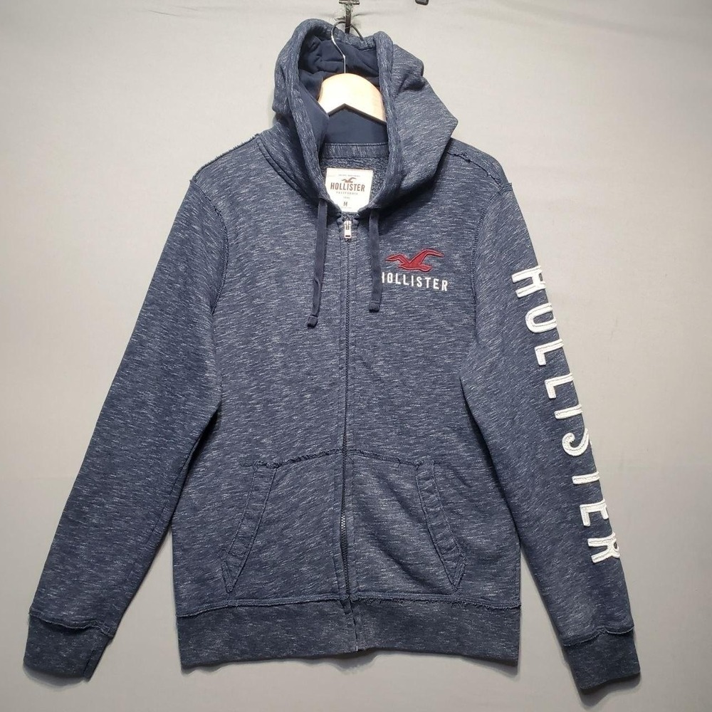 Hollister Zip Up Hoodie Sweatshirt Mens M Blue Logo Spellout Y2K Skater Grunge